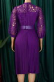 Deep Blue Elegant Solid Color Hollow Out Patchwork With Belt Zipper O Neck A Line Dresses
