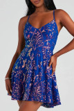 Blue Sexy Ditsy Floral Sequins Patchwork Backless Spaghetti Strap Sling Dresses
