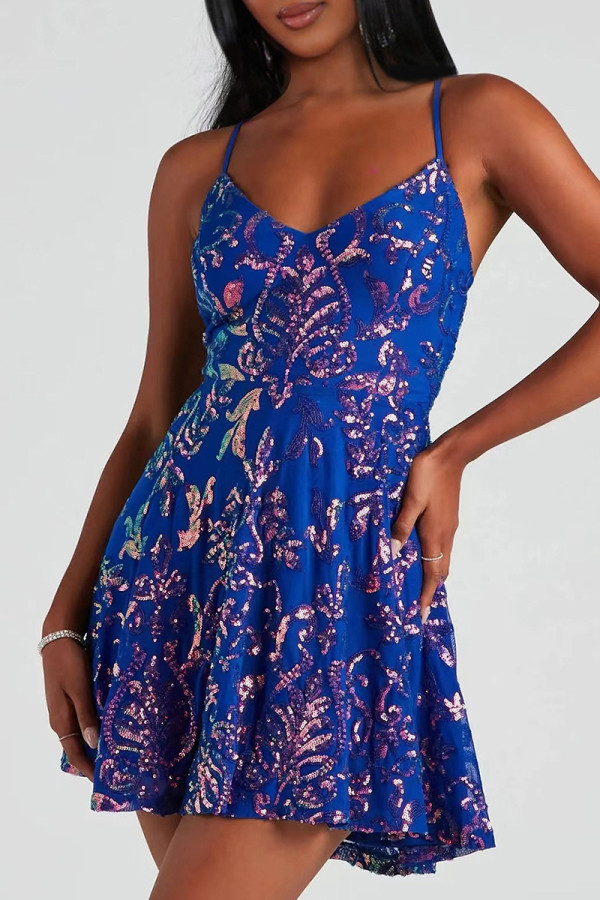 Blue Sexy Ditsy Floral Sequins Patchwork Backless Spaghetti Strap Sling Dresses
