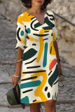 Beige Casual Poker Letter Print Contrast V Neck A Line Dresses