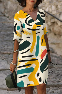 Beige Casual Poker Letter Print Contrast V Neck A Line Dresses