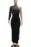 Black Elegant Solid Color Patchwork High Slit Hot Drill Zipper Turtleneck Long Dresses