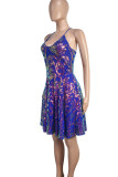 Blue Sexy Ditsy Floral Sequins Patchwork Backless Spaghetti Strap Sling Dresses