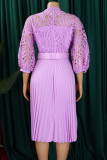 Deep Blue Elegant Solid Color Hollow Out Patchwork With Belt Zipper O Neck A Line Dresses