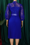Deep Blue Elegant Solid Color Hollow Out Patchwork With Belt Zipper O Neck A Line Dresses