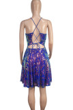 Blue Sexy Ditsy Floral Sequins Patchwork Backless Spaghetti Strap Sling Dresses