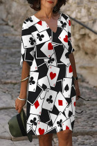 Black And White Casual Poker Letter Print Contrast V Neck A Line Dresses