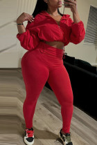 Red Casual Solid Color Draw String Patchwork Zipper Hooded Long Sleeve Two Pieces