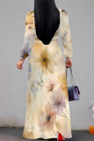 Pink Purple Elegant Flowers Print Lace Up Contrast V Neck Printed Dresses