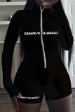Black Casual Letters Patchwork Zipper Zipper Collar Regular Rompers