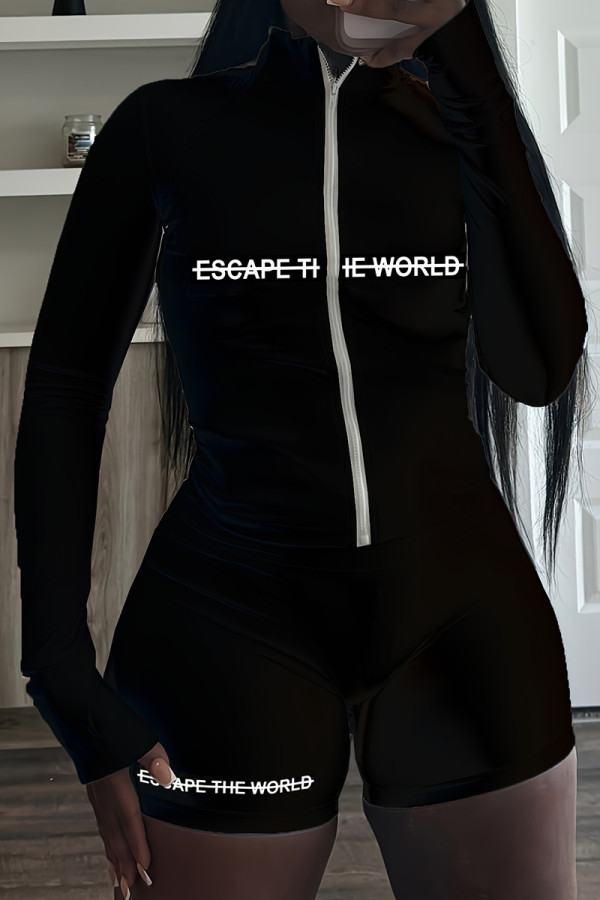 Black Casual Letters Patchwork Zipper Zipper Collar Regular Rompers