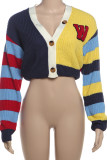 Colour Casual Letters Buckle Patchwork V Neck Outerwear