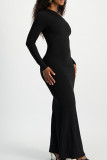 Grey Elegant Solid Color Patchwork Oblique Collar Long Dresses