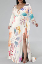 Cream White Elegant Floral Print Lace Up Slit Contrast V Neck Printed Plus Size Dresses