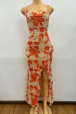 Yellow Elegant Print Patchwork Backless High Slit Spaghetti Strap Sling Dresses