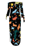 Multicolor Sexy Street Colorblock Print Slit Contrast Off Shoulder Printed Dresses