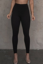 Black Casual Solid Color Patchwork Skinny Mid Waist Pencil Patchwork Bottoms