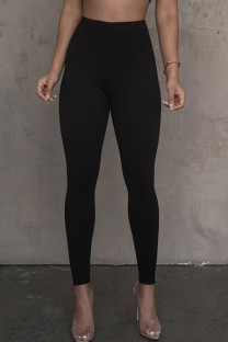 Black Casual Solid Color Patchwork Skinny Mid Waist Pencil Patchwork Bottoms