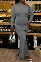 Grey Elegant Solid Color Patchwork Oblique Collar Long Dresses