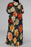 Purple Elegant Flowers Print Lace Up Slit Contrast V Neck Printed Plus Size Dresses