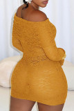 Yellow Sexy Solid Color Lace Patchwork Backless Off Shoulder Wrapped Skirt Dresses