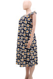 Multicolor Elegant Print Patchwork Strap Design O Neck Long Dresses