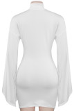 White Sexy Solid Color Patchwork Ruched Turtleneck Wrapped Skirt Dresses