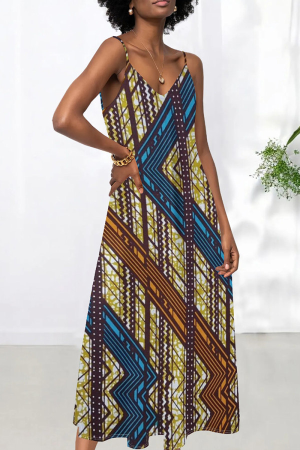Blue Sexy Print Patchwork Backless Spaghetti Strap Sling Dresses
