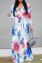 Blue White Elegant Flowers Print Lace Up Contrast V Neck Printed Dresses