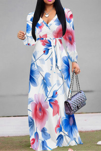 Blue White Elegant Flowers Print Lace Up Contrast V Neck Printed Dresses