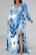 Blue Elegant Floral Print Lace Up Slit Contrast V Neck Printed Plus Size Dresses