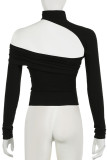 Black Sexy Solid Color Hollow Out Patchwork O Neck Tops