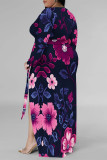 Purple Elegant Flowers Print Lace Up Slit Contrast V Neck Printed Plus Size Dresses
