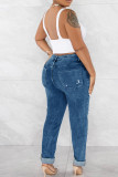 Baby Blue Street Solid Color Ripped Buttons Patchwork Zipper High Waist Regular Denim Jeans