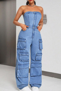 Blue Street Solid Color Pocket Buttons Patchwork Strapless Sleeveless High Waist Loose Denim Jumpsuits