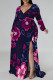 Purple Elegant Flowers Print Lace Up Slit Contrast V Neck Printed Plus Size Dresses