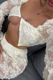 Apricot Sexy Solid Color Patchwork See-Through High Slit O Neck Long Sleeve Two Pieces