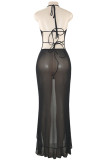 Red Sexy Solid Color Patchwork Backless High Slit Strap Design Halter Irregular Dresses