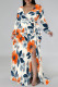 Orange Apricot Elegant Floral Print Lace Up Slit Contrast V Neck Printed Plus Size Dresses