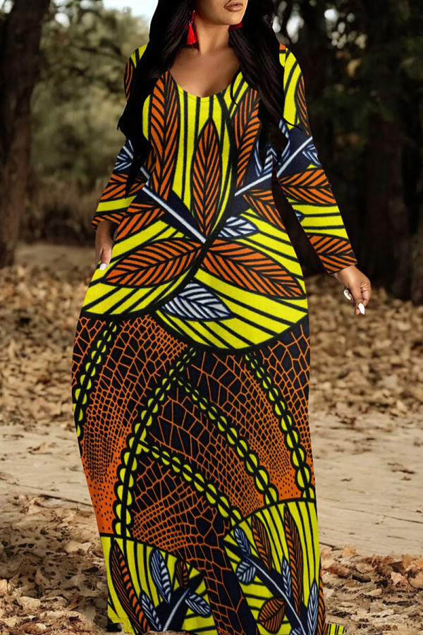 Yellow Elegant Print Patchwork O Neck Long Dresses