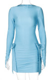 Blue Sexy Solid Color Hollow Out Patchwork Strap Design O Neck Wrapped Skirt Dresses