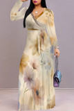Pink Purple Elegant Flowers Print Lace Up Contrast V Neck Printed Dresses
