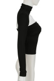 Black Sexy Solid Color Hollow Out Patchwork O Neck Tops