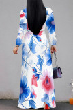 Pink Purple Elegant Flowers Print Lace Up Contrast V Neck Printed Dresses