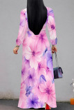 Pink Purple Elegant Flowers Print Lace Up Contrast V Neck Printed Dresses