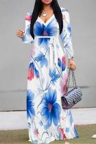 White Blue Elegant Flowers Print Lace Up Contrast V Neck Printed Dresses