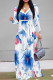 White Blue Elegant Flowers Print Lace Up Contrast V Neck Printed Dresses