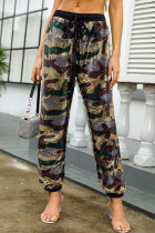 Multicolor Casual Sequins Draw String Patchwork Regular Low Waist Pencil Patchwork Bottoms