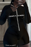 Black Casual Letters Patchwork Zipper Zipper Collar Regular Rompers