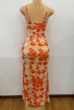 Yellow Elegant Print Patchwork Backless High Slit Spaghetti Strap Sling Dresses